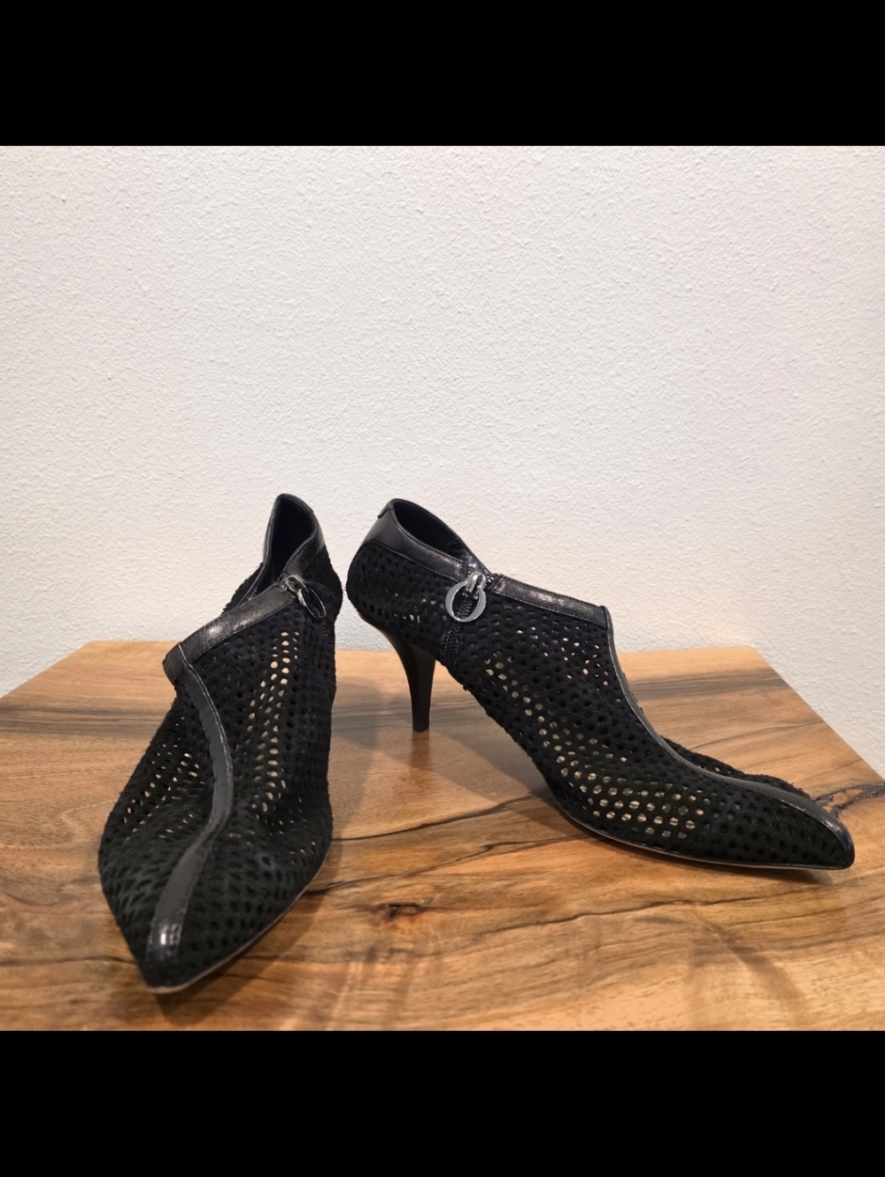 O Jour Black Suede Laser Cut Heels